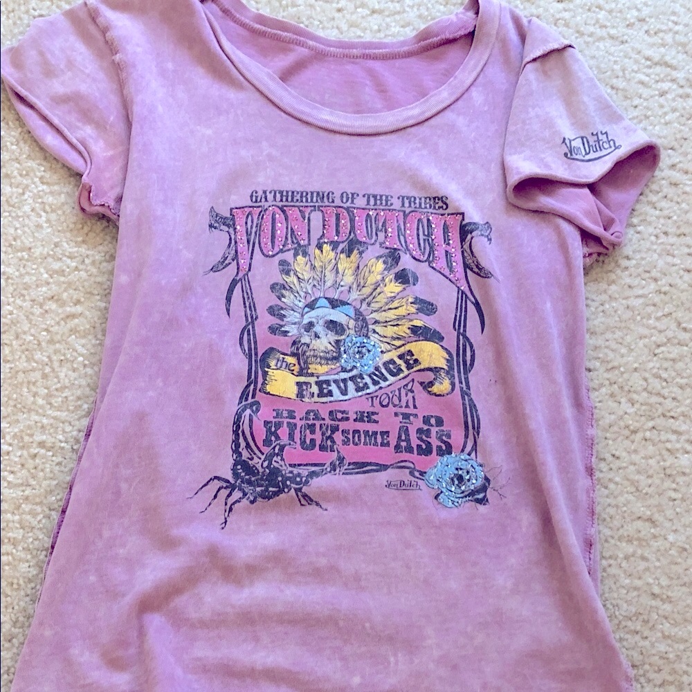 Von Dutch Vintage Rhinestones Embellished Violet Color Short Sleeve T-shirt